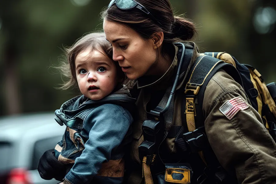 First responder carrying a young child while wearing protective gear.